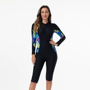 Maillot de bain une pièce à manches longues avec imprimé tropical et fermeture éclair
