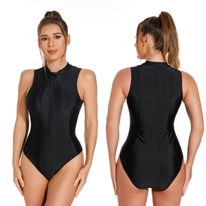 Black one-piece swimsuit with high collar zipper and mesh details for surfing and swimming