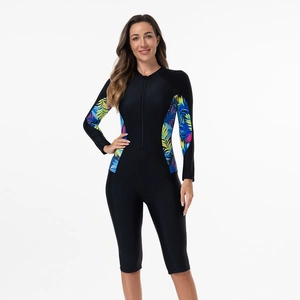 Maillot de bain une pièce à manches longues avec zip frontal et imprimé feuille tropicale