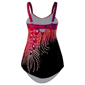 Rear view of plus size tankini with red gradient feather print and adjustable straps