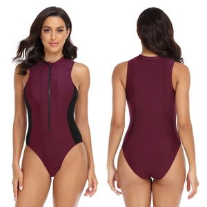 One-piece burgundy and black zipper surfboard swimsuit with mesh splicing and sleeveless cut