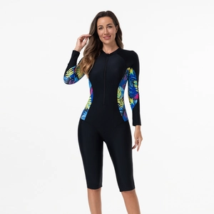 Maillot de bain une pièce à manches longues pour femmes avec imprimé tropical et zip