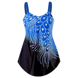 Detail of blue gradient tankini top with white rhinestone pattern and thin straps