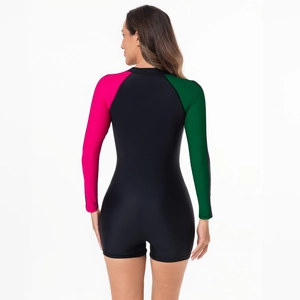 Back view of a color-block long sleeve one-piece surfing swimsuit with contrast stitching