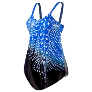 Detail of blue and black gradient tankini top with rhinestone feather pattern design