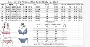 Detailed size guide table for two-piece tankini swimwear ranging from sizes S to 6XL
