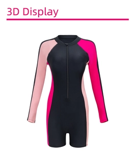 Detail view of long-sleeve one-piece swimsuit with front zipper and tri-color panel design