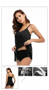 Détail du haut de tankini en dentelle noire au crochet avec bas de bikini taille haute