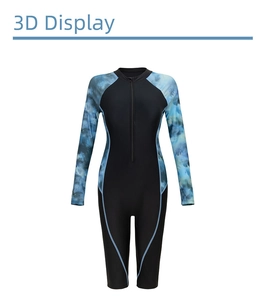 Close-up of long sleeve surfboard swimsuit with blue marble print and front zipper detail
