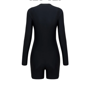 Rear view of sleek black long-sleeved one-piece swimsuit for surfing and diving