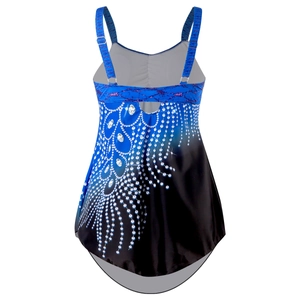 Rear view of tankini top featuring blue-black gradient and radial diamond print design
