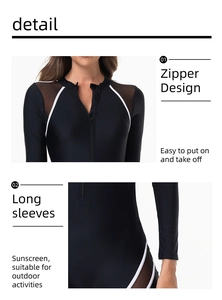 Detail view of long sleeve swimsuit featuring front zipper design and mesh splicing