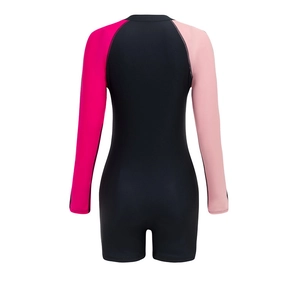 Back view of a long-sleeve one-piece swimsuit featuring black, rose and light pink panels