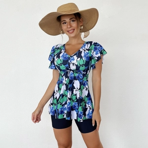 Floral print two-piece tankini with V-neck ruffle sleeves and navy boy shorts