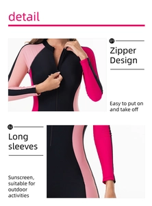 Close-up of women's long sleeve surfing swimsuit featuring a front zipper and contrast panels