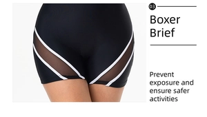 Detail of black boxer brief swimsuit with sheer mesh panels and white trim for modesty