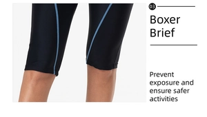 Detail of black boxer brief swimsuit with blue stitching and knee-length design