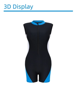 Detail view of athletic one-piece swimsuit with front zipper and blue side panels