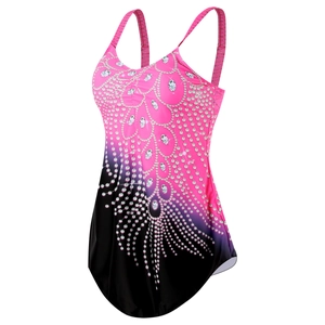 Detail of plus size tankini featuring pink gradient print and rhinestone fringe pattern