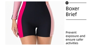 Detailed view of women's long sleeve swimsuit with boxer brief cut and color block panels