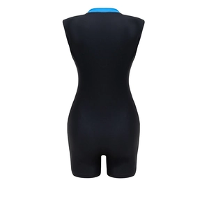 Back view of black sleeveless wetsuit with contrast blue collar on ghost mannequin