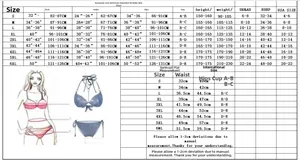 Detailed size guide for women's two-piece swimsuit with measurements from S to 6XL