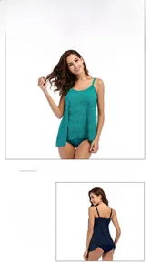 Vues détaillées du tankini bleu paon au crochet avec motifs géométriques ajourés