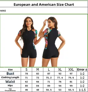 Detailed size chart for women's one-piece printed swimsuit with zipper neckline