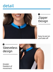 Detail view of athletic one-piece swimsuit featuring front zipper and blue stand-up collar