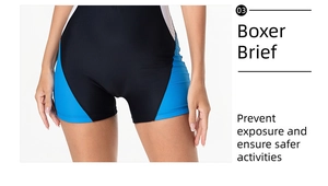Detail of athletic one-piece swimsuit with boxer brief design to prevent exposure