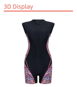 Detail of athletic one-piece swimsuit featuring front zipper and geometric star pattern