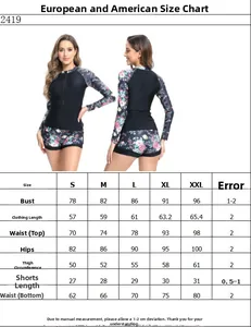 Tableau des tailles détaillé pour maillot de bain de surf deux pièces à manches longues