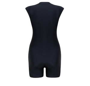 Back view of a sleeveless black one-piece athletic swimsuit with stretchy fabric
