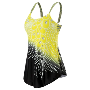 Detail of yellow gradient swim top with rhinestone feather print and adjustable straps