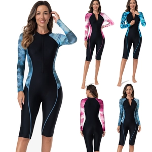 Women Long Sleeve One Piece Swimsuit Rash Guard Front Zipper Bathing Suit Sun Protection Surfing Suit Athletic Boyleg Swimwear