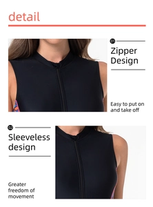 Close-up of sleeveless surf swimsuit featuring front zipper design and tropical floral patterns