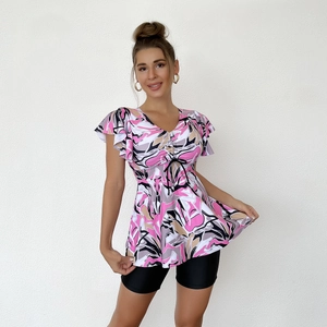 Detail of V-neck printed tankini top with ruffle sleeves and adjustable drawstring tie