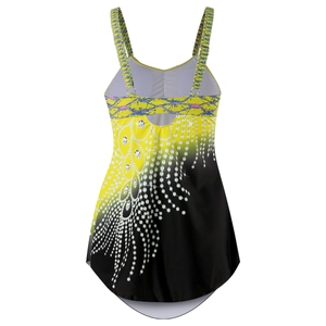 Detail of plus size swimwear featuring yellow-black gradient and jewel print on the back