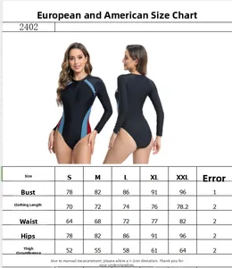 Size chart for women's long sleeve surfing swimsuit showing bust and waist measurements
