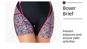 Close-up of black swim boxers with colorful geometric floral side panels and neat stitching