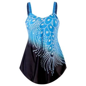 Detail of plus size blue gradient swimsuit featuring ornate diamond necklace print design