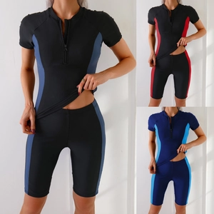 Women Athletic Two-Piece Swimsuit Short Sleeve Zipper Rash Guard Top And Bottom Sun Protection Surfing Suit Diving Swimwear