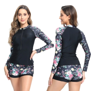 Maillot de Bain Rash Guard Manches Longues Femmes Haut Et Short Imprimé Floral Géométrique Fermeture Éclair Surf Plongée