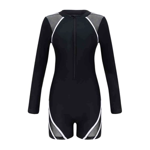 Long sleeve one piece swimsuit with front zipper and grey mesh patchwork panels