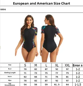 Size chart for women's one-piece swimsuit featuring bust, waist, and hip measurements