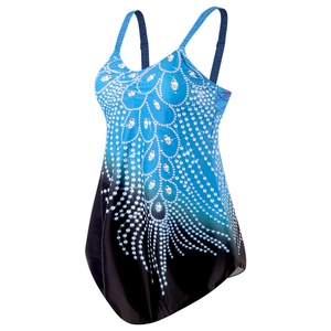 Detail of blue gradient swimsuit top with 3D white pearl and jewel droplet prints