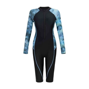 Women long sleeve one-piece surfing swimsuit with blue tie-dye panels and front zipper