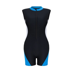 Athletic black one-piece swimsuit with blue stand collar and front zipper for surfing