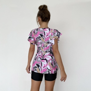Back view of a floral printed tankini top with ruffled sleeves and high-quality fabric
