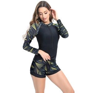 Maillot de bain deux pièces à manches longues pour femme avec fermeture éclair et motif